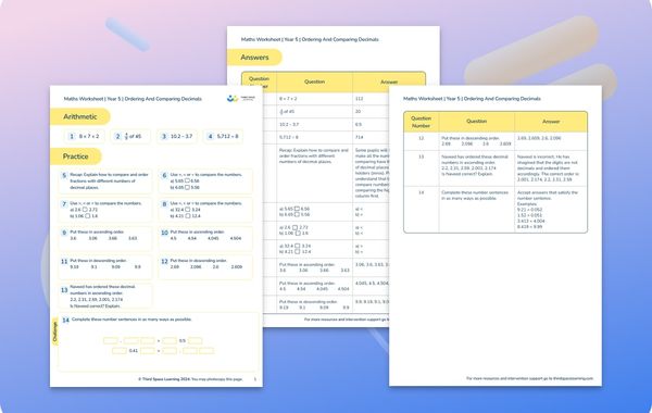 Maths Worksheet Ordering and Comparing Decimals Year 5