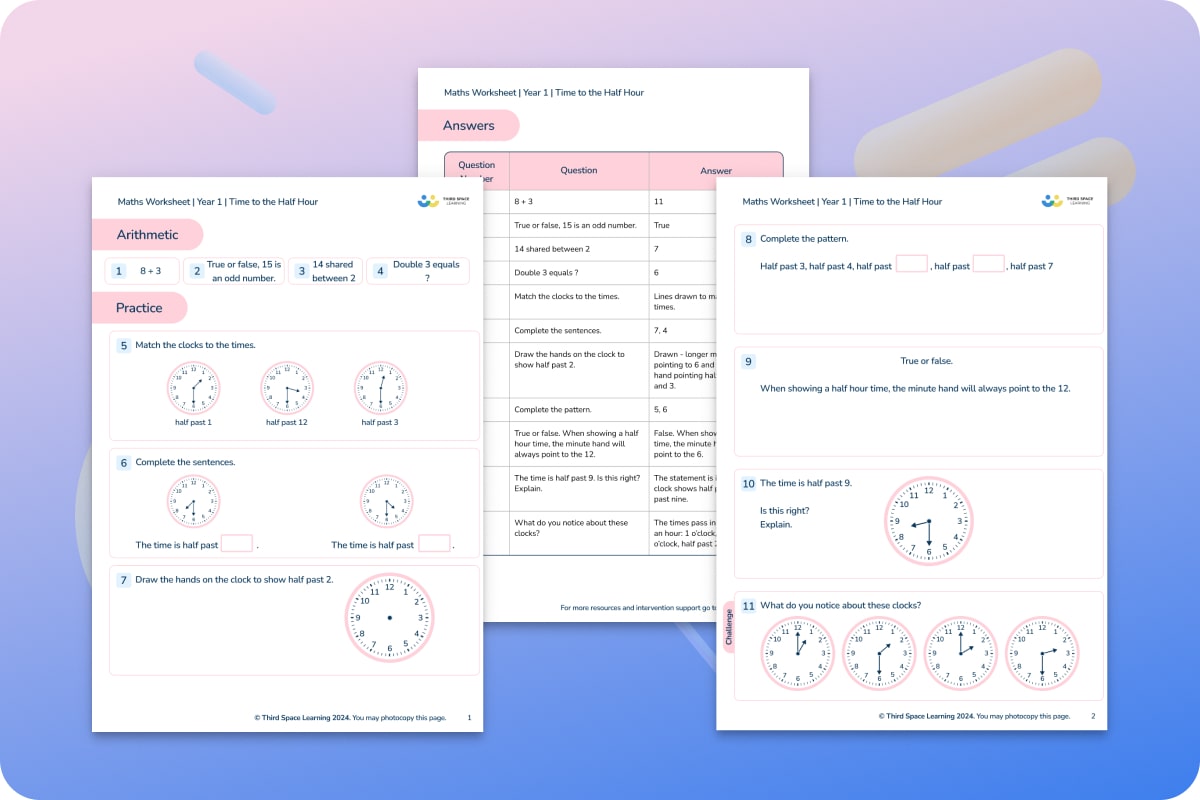 Maths Worksheets | Time To The Half Hour | Year 1