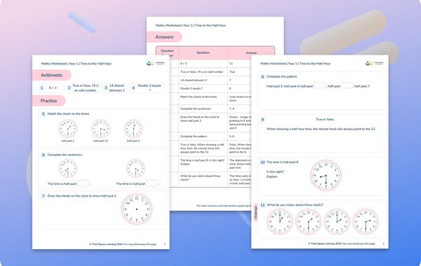 Maths Worksheet Time to the Half Hour Year 1
