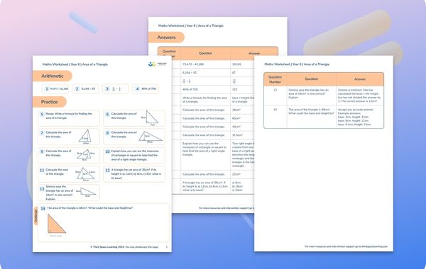 Maths Worksheet Area of a Triangle Year 6