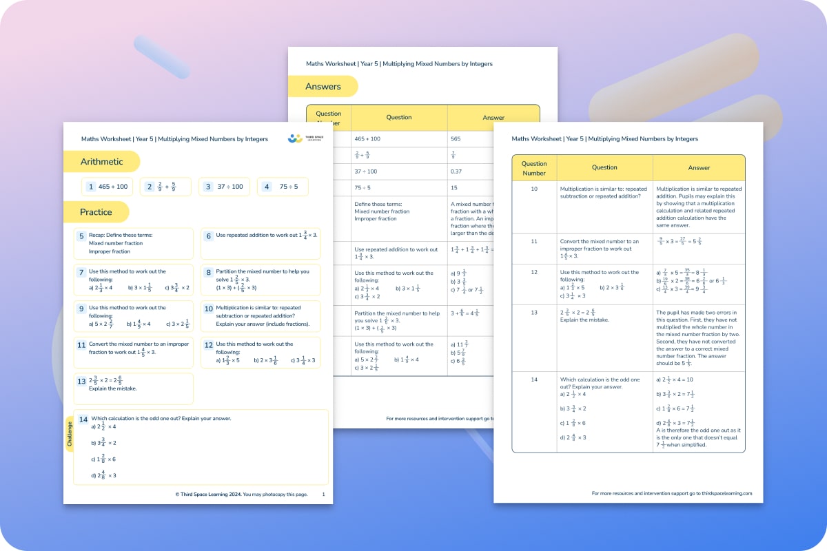 Maths Worksheets | Multiplying Mixed Numbers By Integers | Year 5