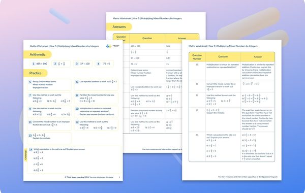 Maths Worksheet Multiplying Mixed Numbers by Integers Year 5