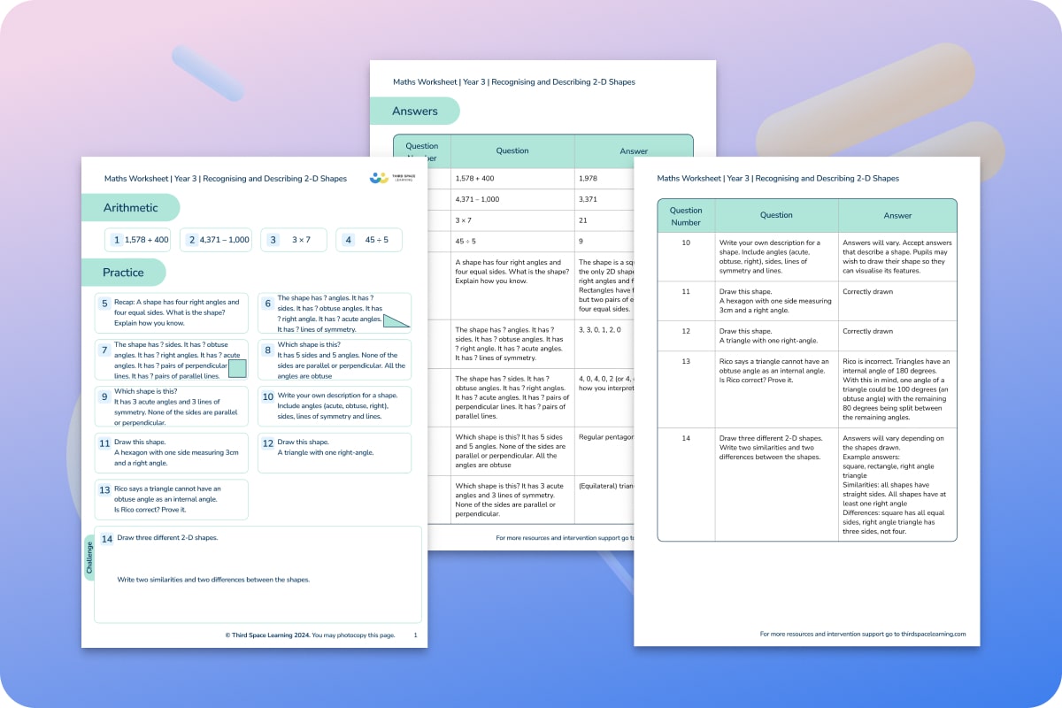 Maths Worksheets | Recognising And Describing 2-D Shapes | Year 3