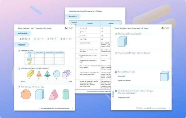 Maths Worksheet Properties of 3-D Shapes Year 2