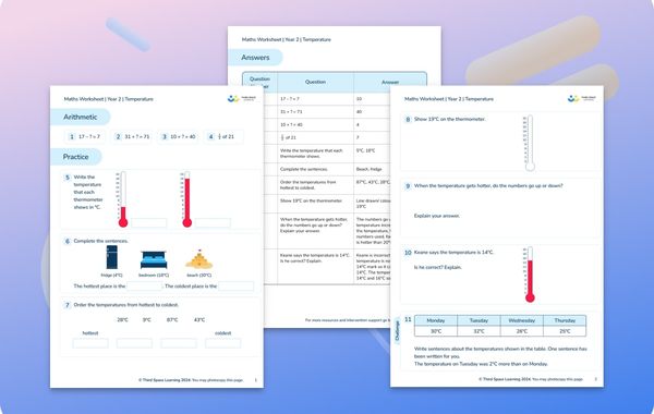 Maths Worksheet Temperature Year 2