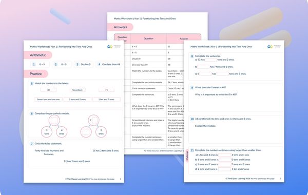Maths Worksheet Partitioning Into Tens And Ones Year 1