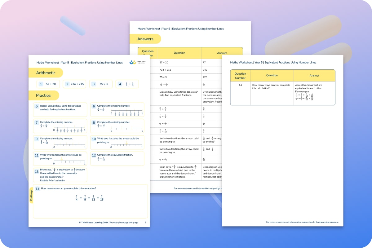 Maths Worksheets | Equivalent Fractions Using Number Lines | Year 5