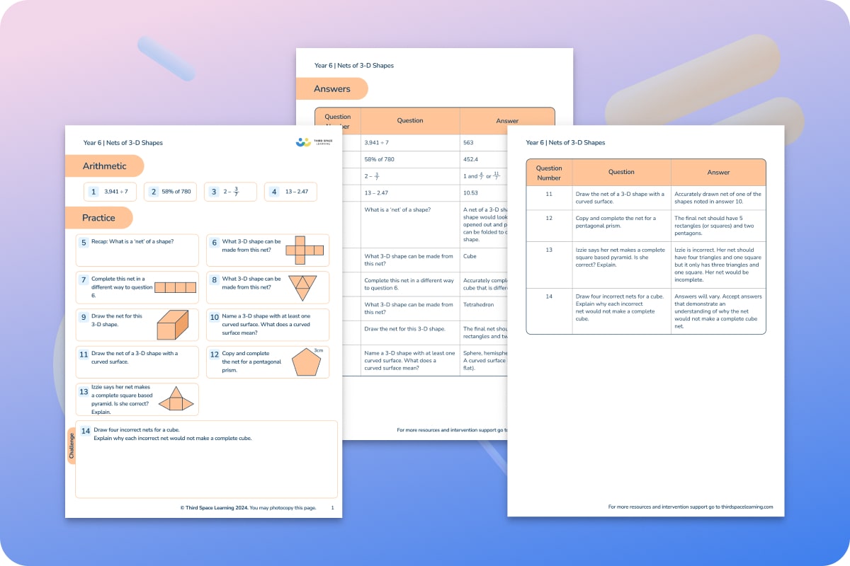 Maths Worksheets | Nets Of 3-D Shapes | Year 6