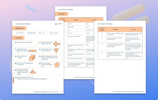 Maths Worksheet Nets of 3-D Shapes Year 6
