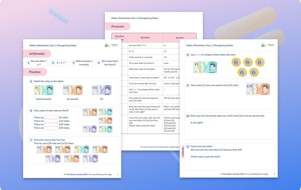 Maths Worksheet Recognising Notes Year 1