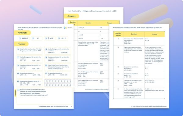 Maths Worksheet Multiplying And Dividing Integers and Decimals by 10 and 100 Year 5