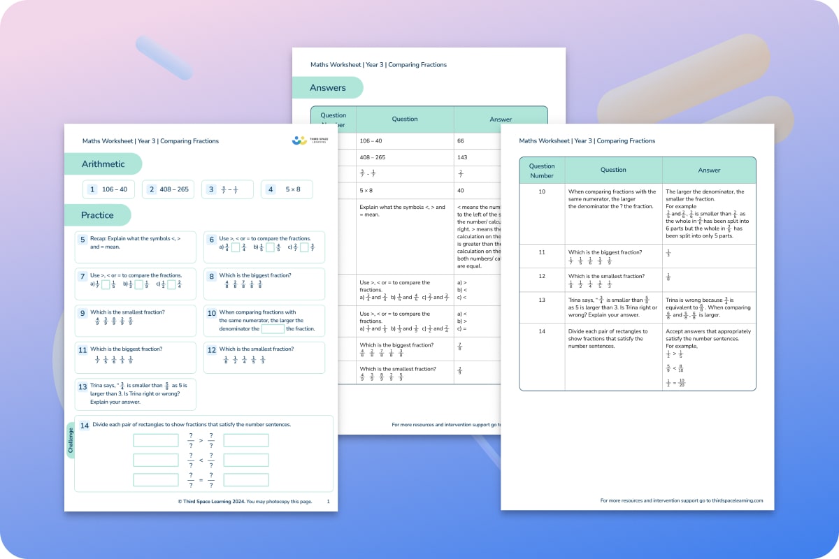 Maths Worksheets | Comparing Fractions | Year 3