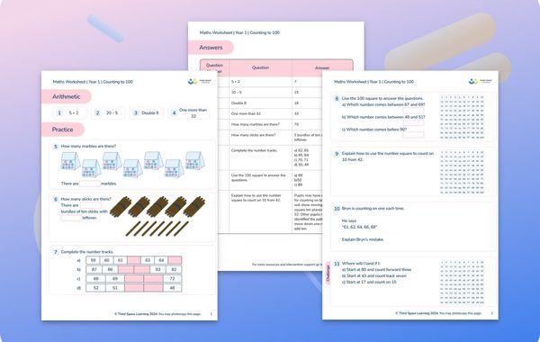 Maths Worksheet Counting to 100 Year 1