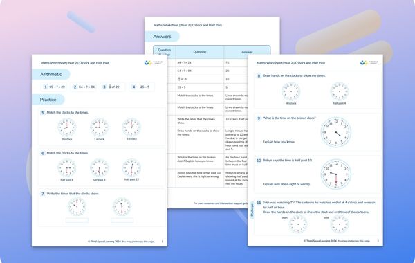 Maths Worksheet O’Clock and Half Past Year 2