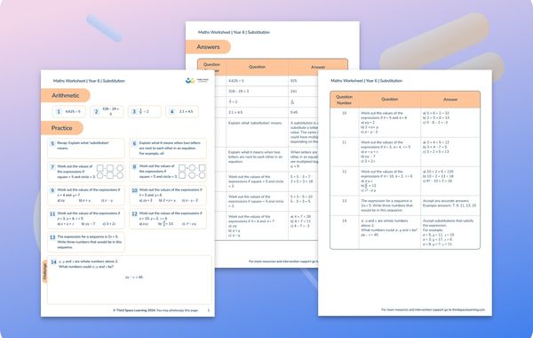 Maths Worksheet Substitution Year 6