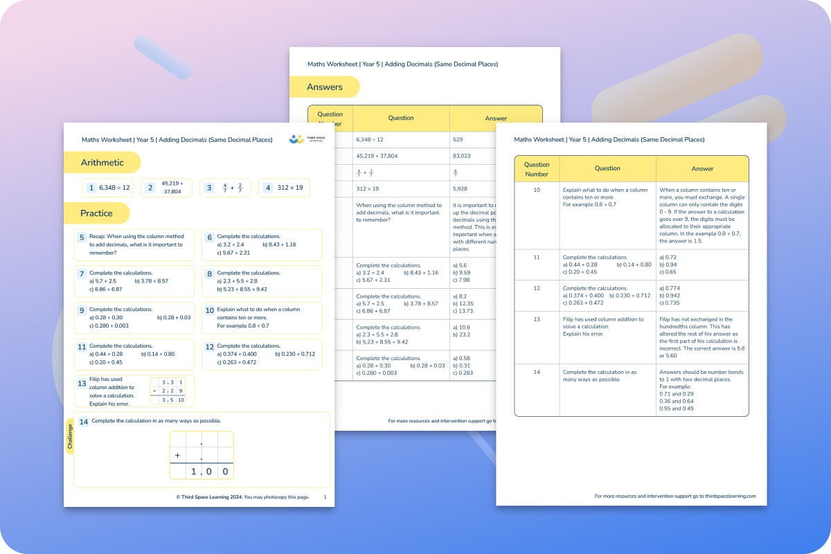 Maths Worksheets | Adding Decimals With The Same Decimal Places | Year 5