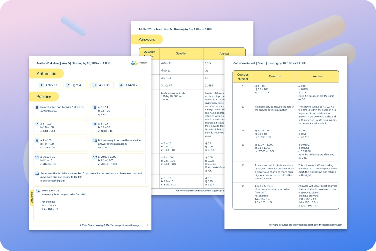 Maths Worksheets | Dividing By 10, 100 And 1,000 | Year 5