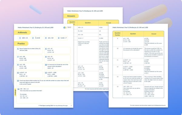 Maths Worksheet Dividing by 10, 100 and 1,000 Year 5