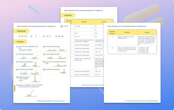 Maths Worksheet Calculating Angles on Straight Lines Year 5