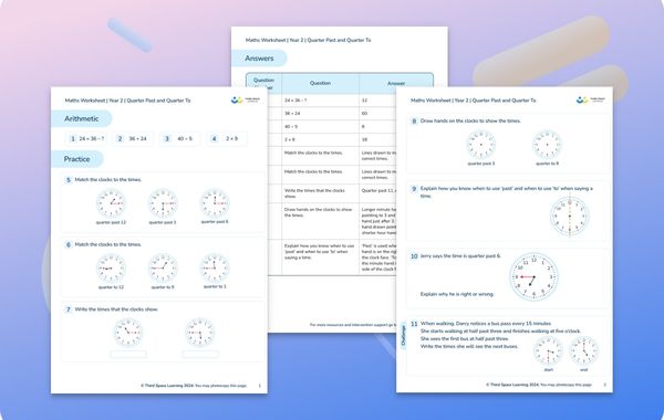 Maths Worksheet Quarter To and Quarter Past Year 2