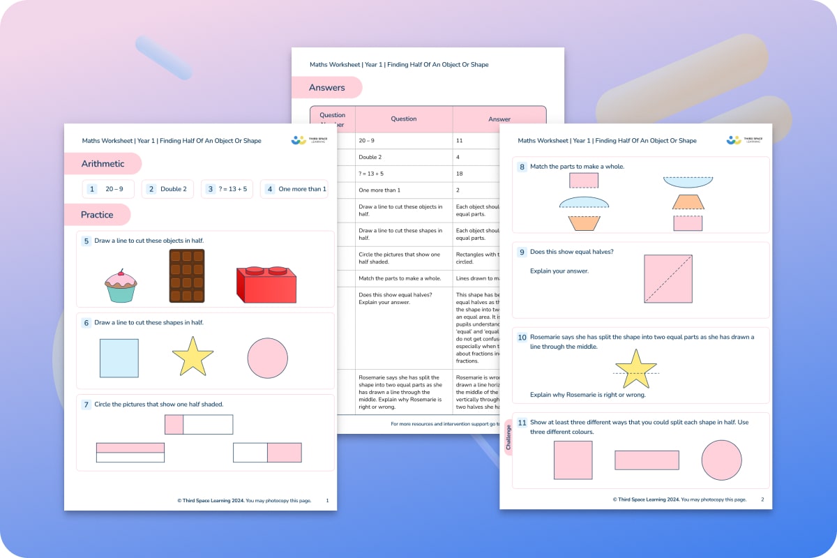 Maths Worksheets | Finding Half Of An Object Or Shape | Year 1