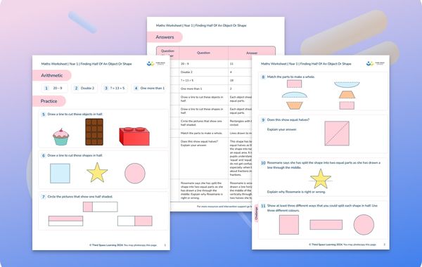Maths Worksheet Finding Half Of An Object Or Shape Year 1