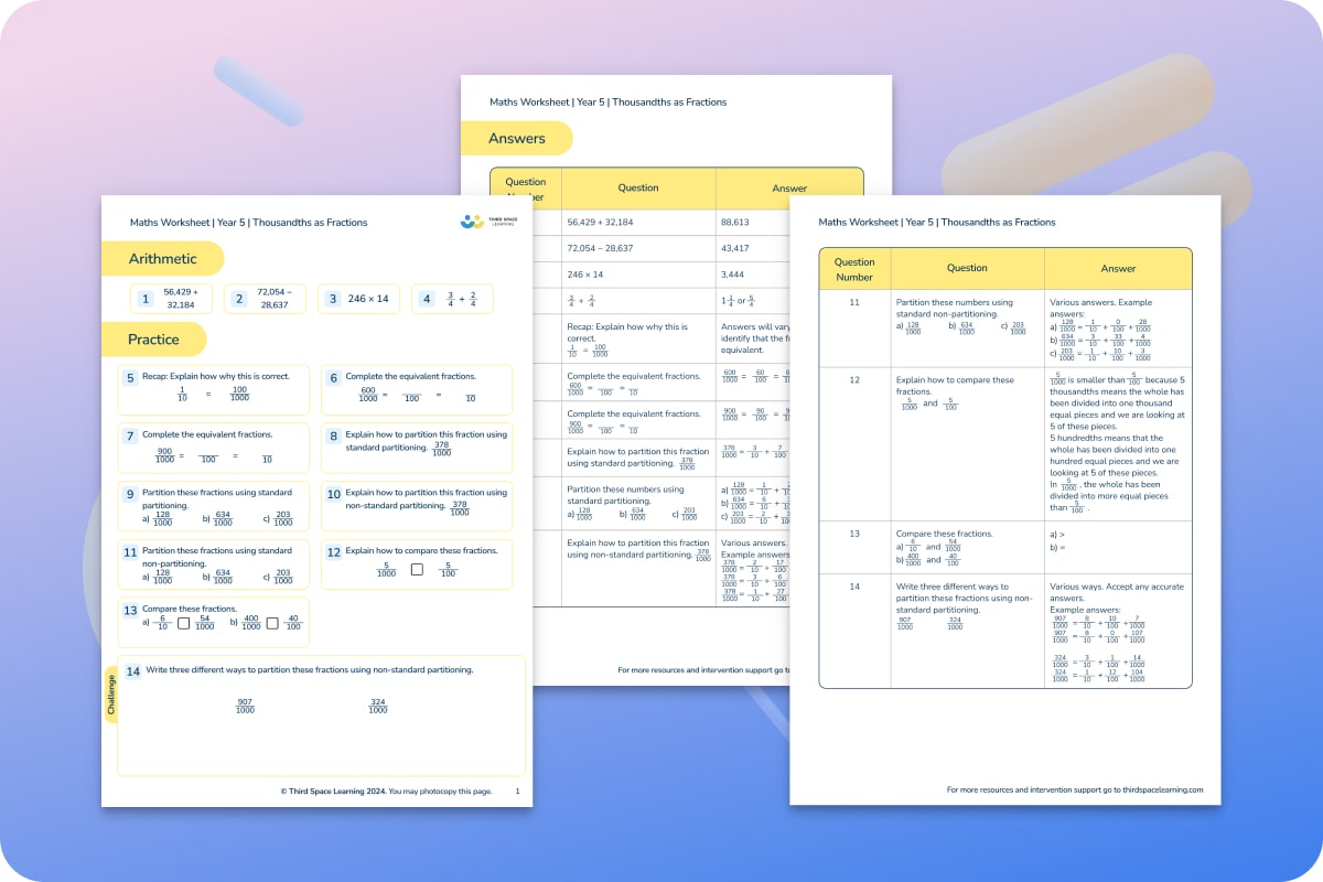 Maths Worksheets | Thousandths As Fractions | Year 5