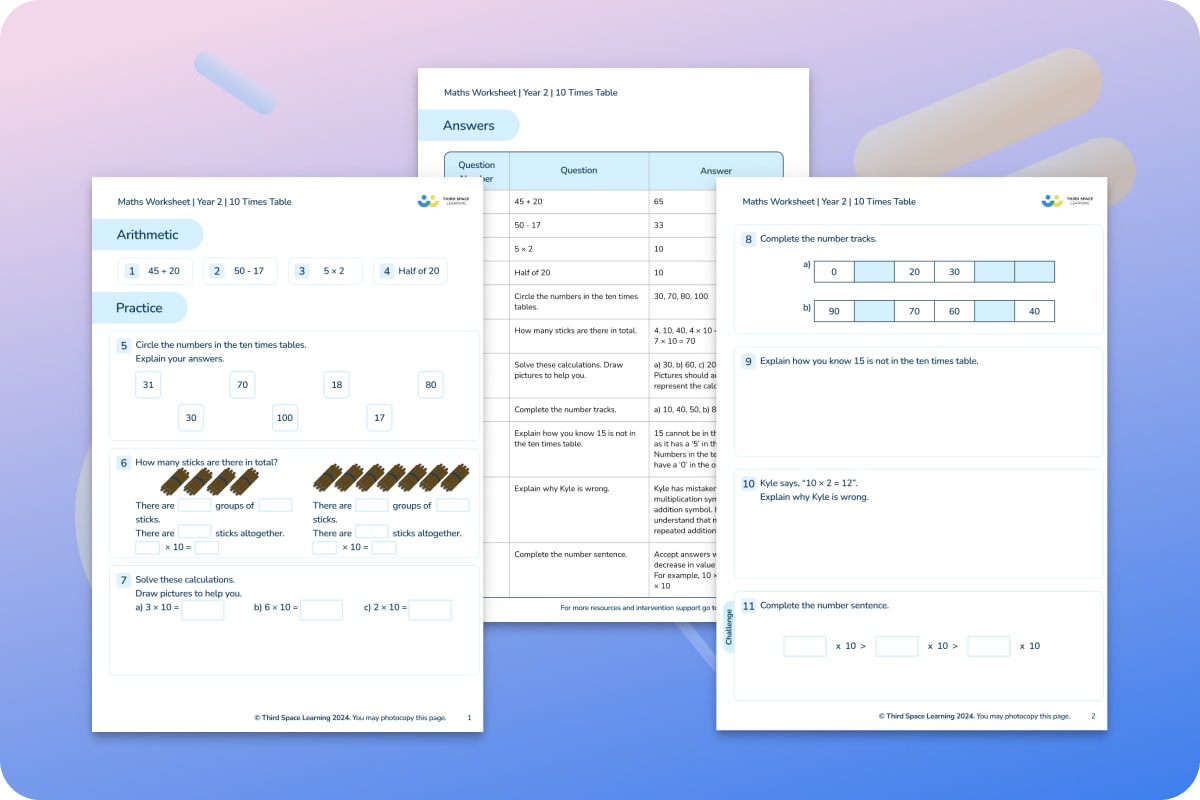 Maths Worksheets | 10 Times Table | Year 2