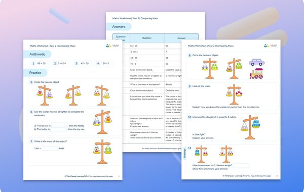 Maths Worksheet Comparing Mass Year 2