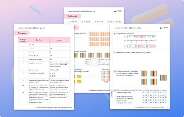Maths Worksheet Counting in 10s Year 1