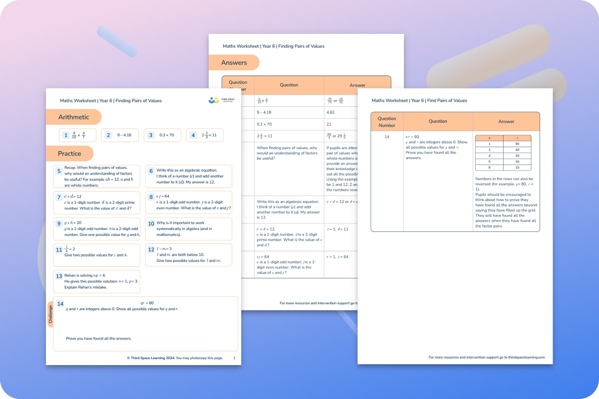 Maths Worksheets | Finding Pairs Of Values | Year 6