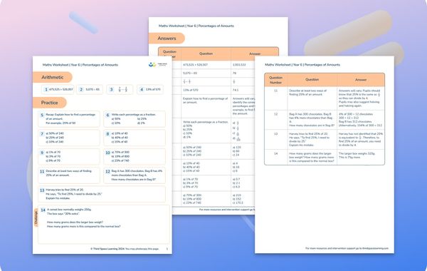 Maths Worksheet Percentages of Amounts Year 6