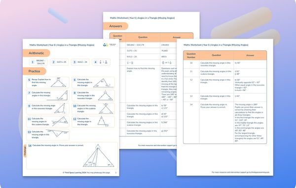 Maths Worksheet Angles in Triangles (Missing Angles) Year 6