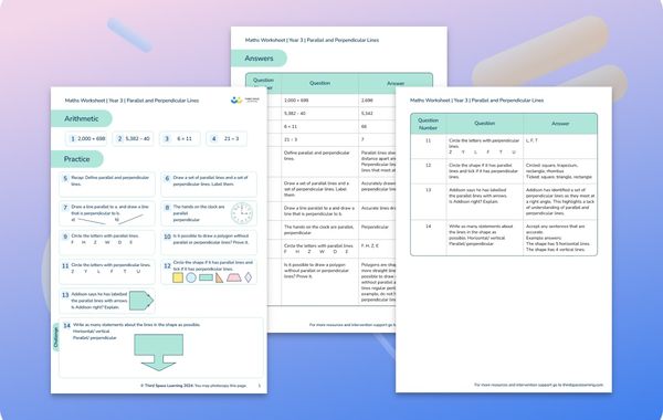 Maths Worksheet Parallel and Perpendicular Lines Year 3