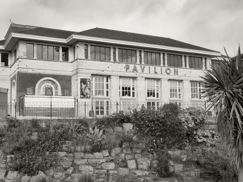 Black and white photograph of Bournemouth Pavilion Theatre, an Art Deco building