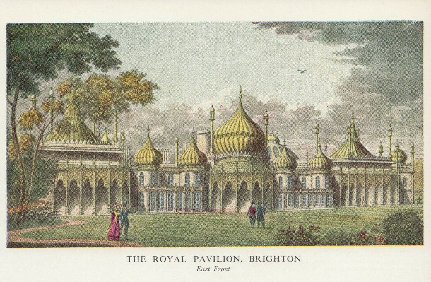Illustration of the Royal Pavilion in Brighton, showcasing its ornate domes and arches, with people walking in the foreground.