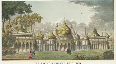 Illustration of the Royal Pavilion in Brighton, showcasing its ornate domes and arches, with people walking in the foreground.