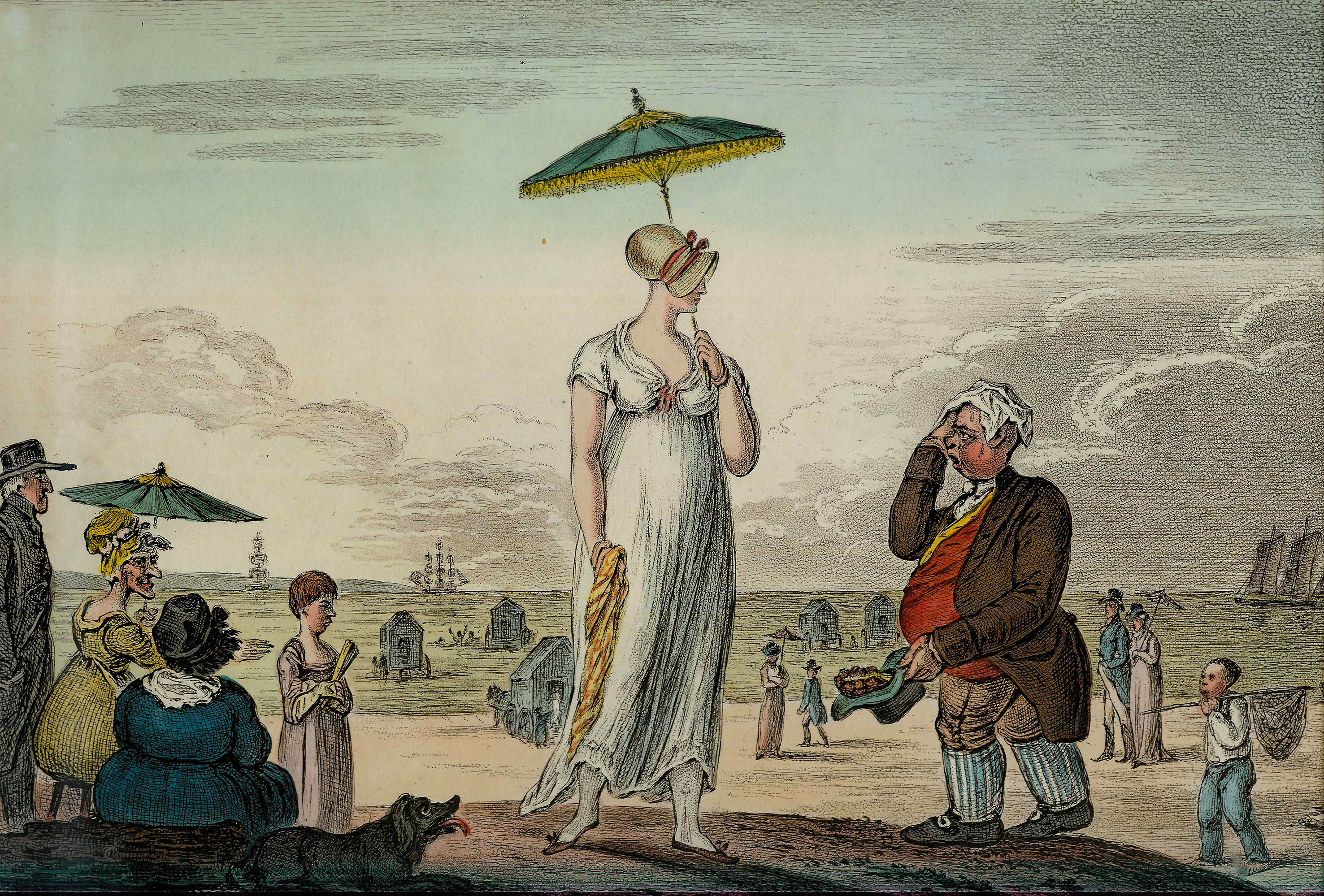 A historical beach scene with a woman holding a parasol and a man offering something. Onlookers, a dog, and ships in the background.