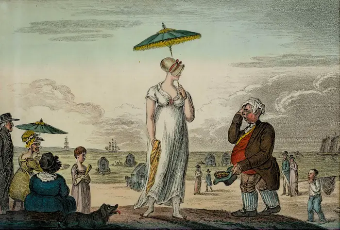 A historical beach scene with a woman holding a parasol and a man offering something. Onlookers, a dog, and ships in the background.