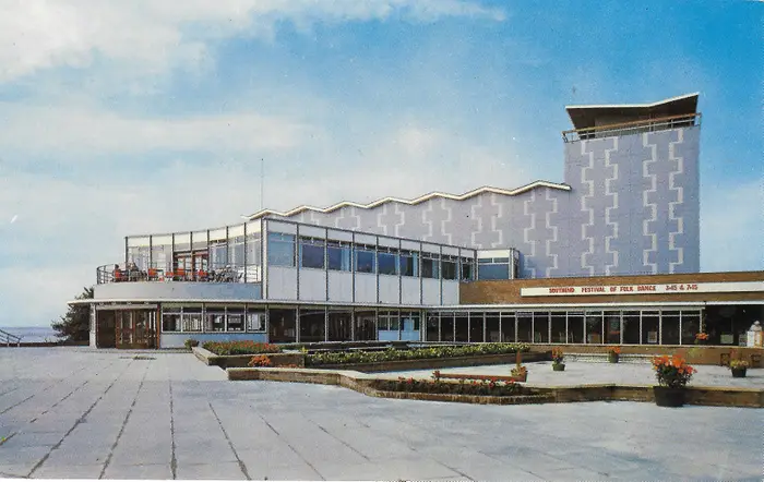 A vintage postcard of the Cliffs Pavilion in Southend