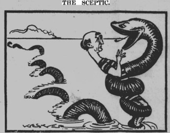 Cartoon of a man in a striped shirt being embraced by a large sea serpent, titled "The Sceptic."