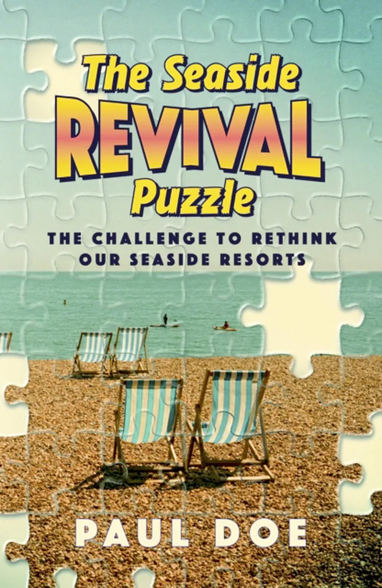 A book cover titled "The Seaside Revival Puzzle" features deck chairs on a pebbled beach with a puzzle piece overlay design.
