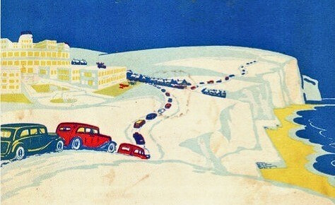 Vintage illustration of cars driving along a coastal cliff road, with buildings in the background and the sea on the right.