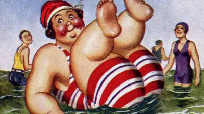 Cartoon of a cheerful person in a red striped swimsuit and cap floating in water, with others in the background.
