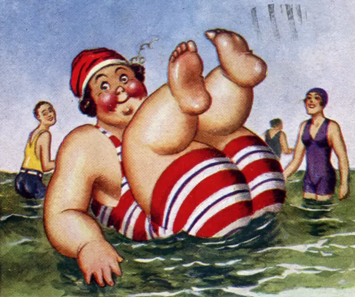 Cartoon of a cheerful person in a red striped swimsuit and cap floating in water, with others in the background.