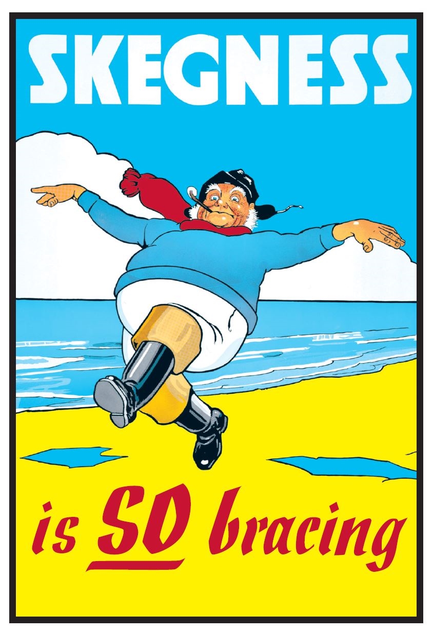 Cartoon image of a traditional fisherman dressed in a black waterproof hat, red scarf, blue jumper, white trousers, and wellington boots. The fisherman is smoking a pipe, and running along the beach with his arms outstretched. The poster caption is 'Skegness is SO bracing'.