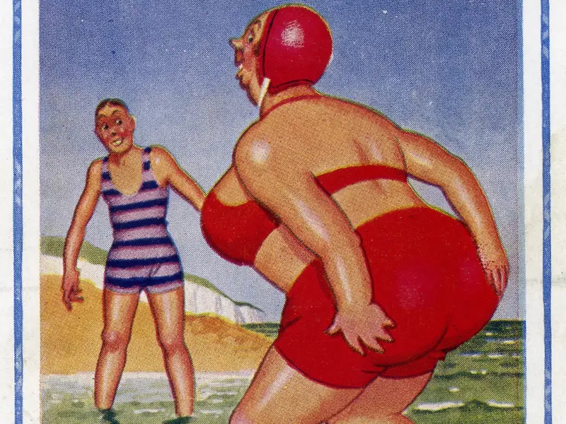 Two people in striped and red swimsuits are in the water, with a humorous caption about swimming abilities at the top.
