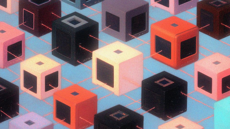 Boxes that resemble computers, connected by a grid of red lines