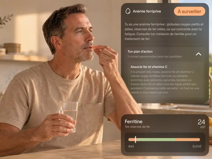 Panneau sur l'anémie ferriprive et résultat de ferritine de 24, à côté d'un homme qui prend un complément alimentaire avec de l'eau