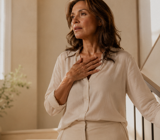 Woman with her hand on her chest catching her breath